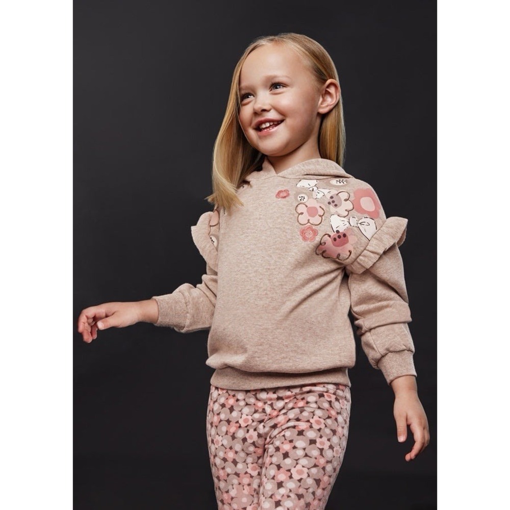 Mayoral Girls Hoodie Sweatshirt‎ Ruffle Sleeve Beige Flower Shoulders 4